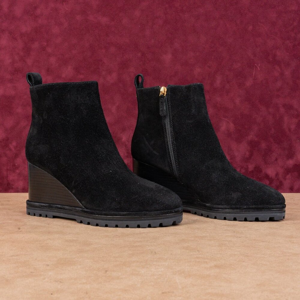 Tory Burch Women Black Suede Zip Wedge Lug Sole Ankle Boots sz 10.5